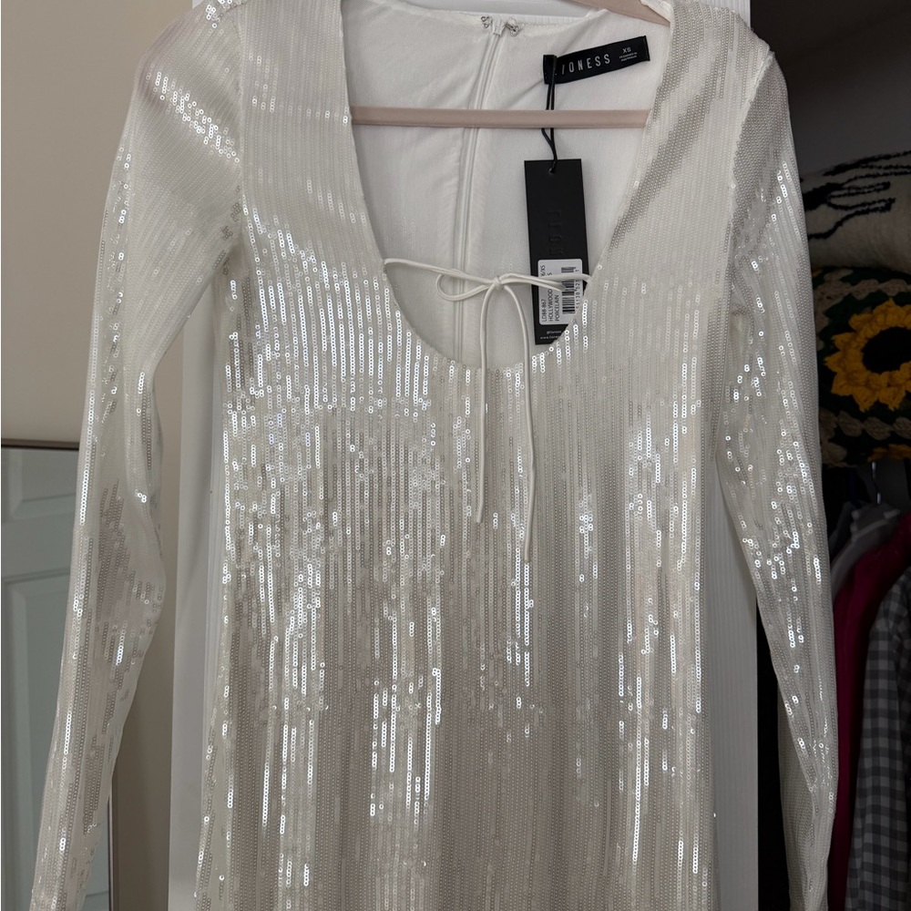 Topshop Ivory Sequin Long Sleeve Scoop Dress